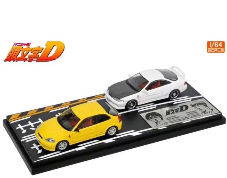 

Stocks Hi-Story Modeler 1/64 Initial D White DC2 And Yellow EK9 Color Diecast Double Car Set Scale Model Collection