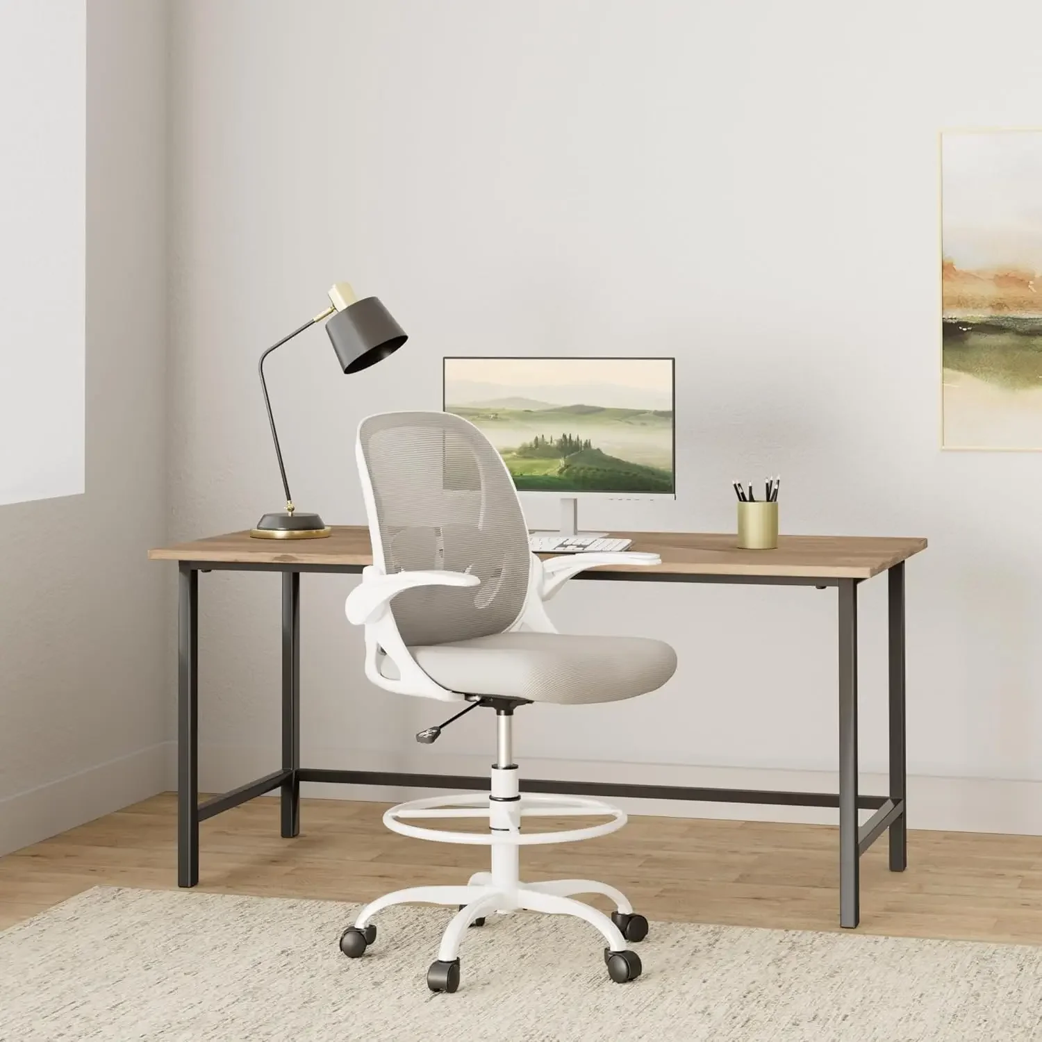 Ergonomic Drafting Chair with Flip-up Armrests for Standing Desk - Tall Office Chair with Lumbar Support and Adjustable