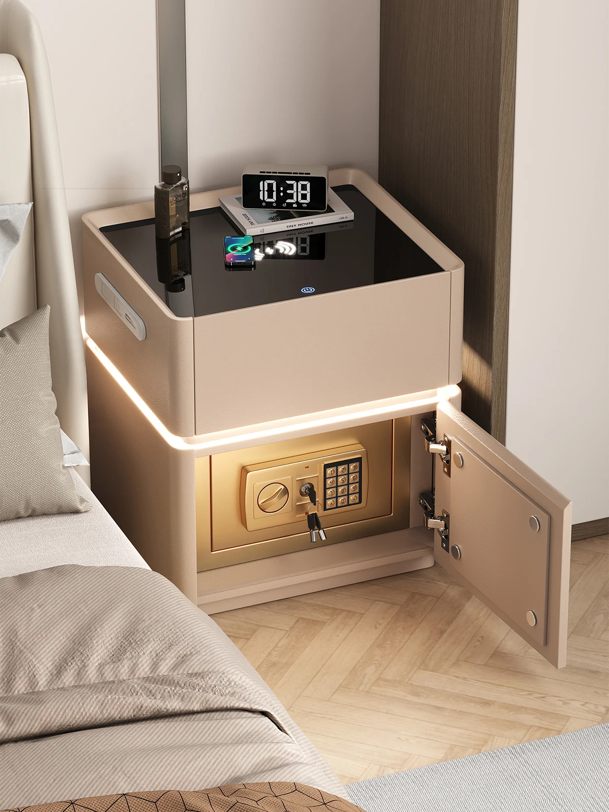 

Smart solid wood bedside table safe integrated simple home bedroom light luxury luxury sense of luxury