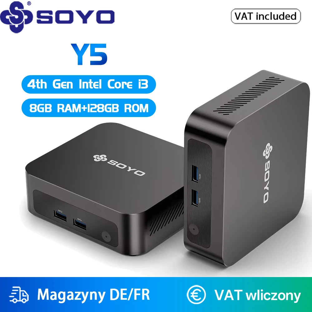 SOYO Y5 Mini PC, processeurs Intel Core I3 de 4e génération, 8 Go de RAM, 128 Go de SSD, Windows 10 PRO, Bluetooth WIFI5, prend en charge l'affichage 4K, mini ordinateur