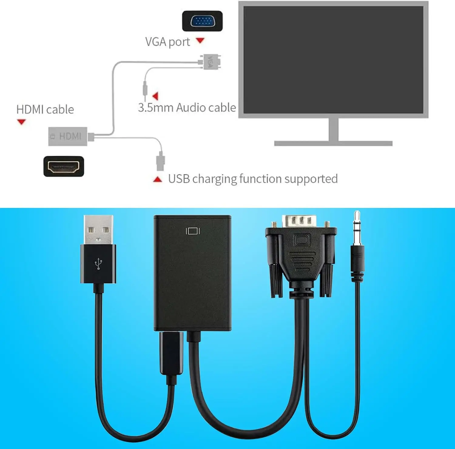 VGA-zu-HDMI-Konverter-Adapter, 1080P, VGA-Stecker auf HDMI-Buchse, Adapterkabel mit 3,5-mm-Audioausgang für PC, Laptop, HDTV-Projektor – Detail 3
