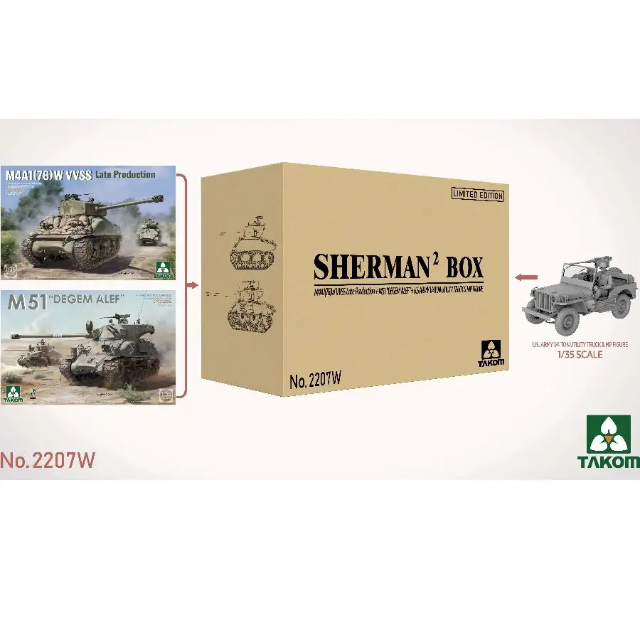 

TAKOM 2207W 1/35 SHERMAN² BOX M4A1 76(W) VVSS Late Production+M51 "DEGEM ALEF" w/U.S. ARMY 1.4 TON UTILITY TRUCK&MP FIGURE 1/35