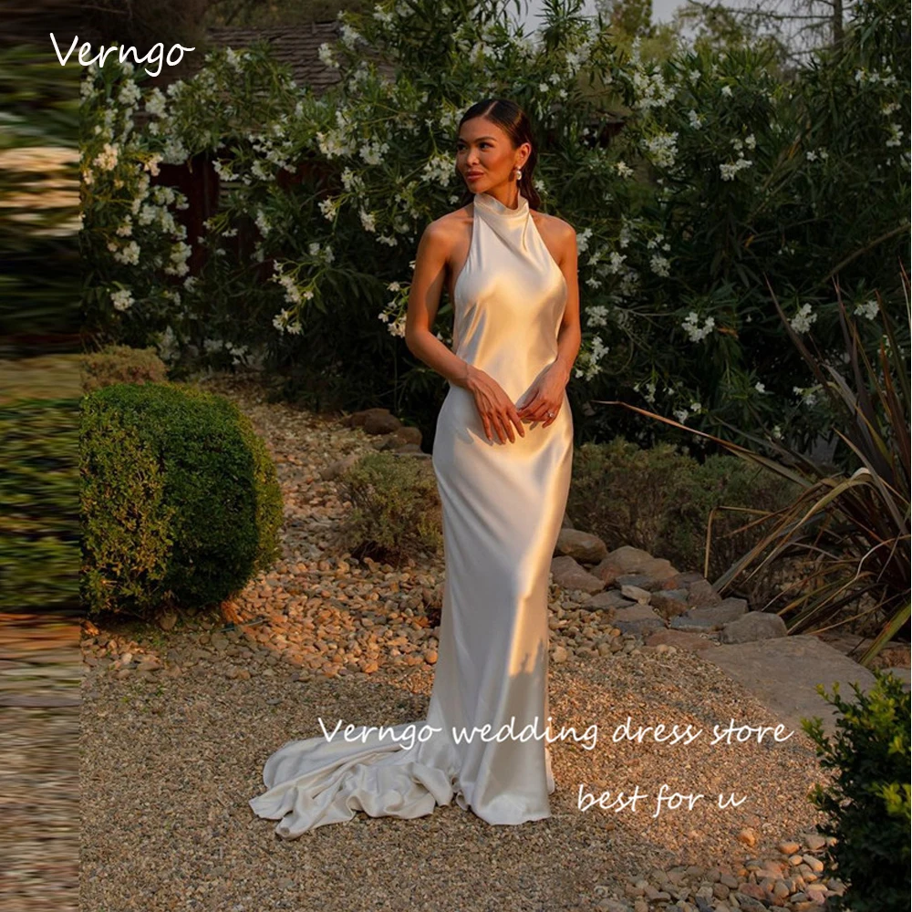 

Verngo High Neck Silk Satin Wedding Dresses Mermaid Beach Backless Sexy Bridal Gowns Women White Formal Dress Party Bride Simple