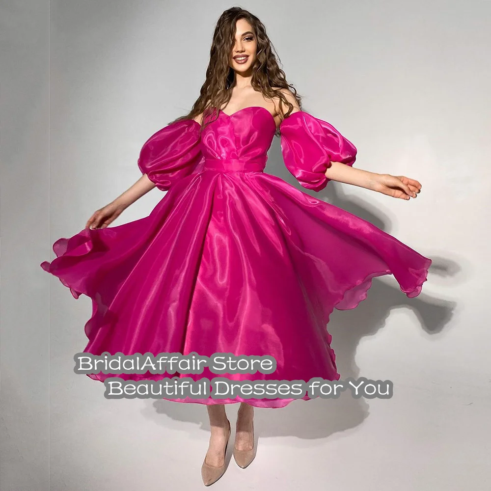 Bridalaffe fucsia Organza raso Midi abiti da ballo rimuovere mezze maniche abiti da sera formali Arabia saudita principessa vestito da donna