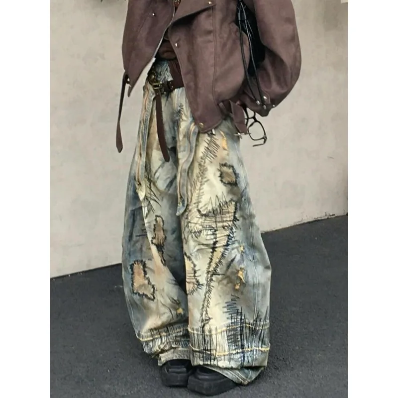 Women Vintage Long Pants Large Size Washed Embroidered Jeans Street Loose Fit Wide Leg Drop Fashion Broken Comfortable Clothing