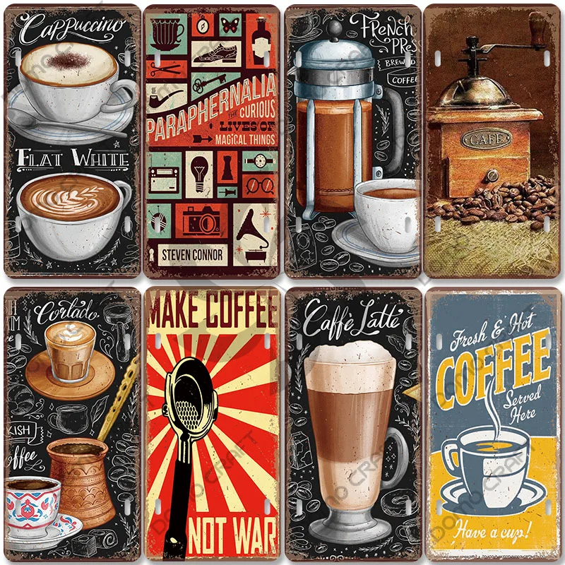 Coffee Poster Vintage Metal Tin Signs Cappuccino Coffee Bean Cup License Plate Wall Decor Cafe Bar Dining Room Home