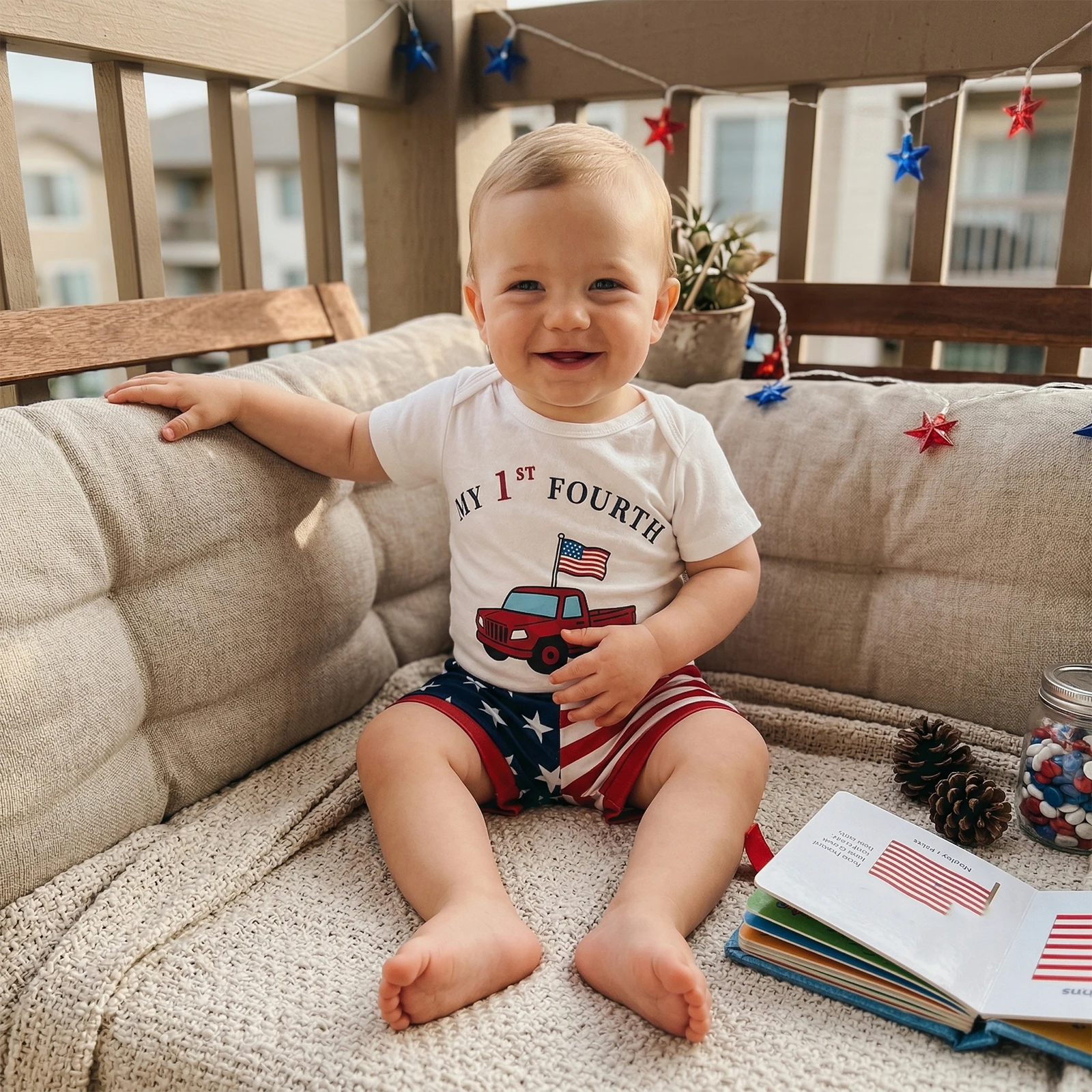 FOCUSNORM 0-18M Newborn Baby Boys 4th of July Clothes Set Short Sleeve Crew Neck Letter Truck Print Romper Star Stripe Shorts