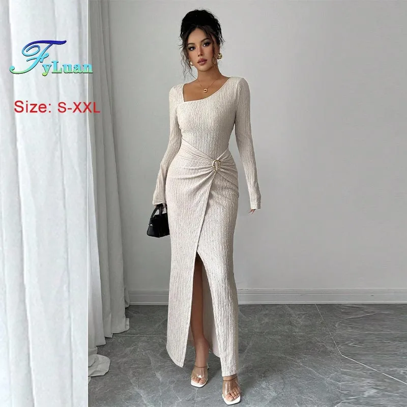 Nowa Moda Damska Długa Sukienka Jednolity Kolor Dzianinowa Tekstura Sukienka Wieczorowa Nieregularny Kołnierz Długi Rękaw Wyszczuplająca Sukienka Maxi Suknie na Bal Studniówkowy