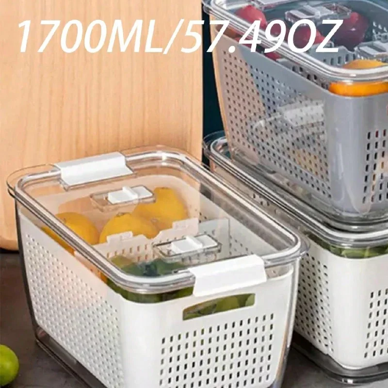 Doublelayer Refrigerator Storage Box Fruit and Vegetable Drain Basket Fresh-keeping Box with Lid storage container kitchen tools
