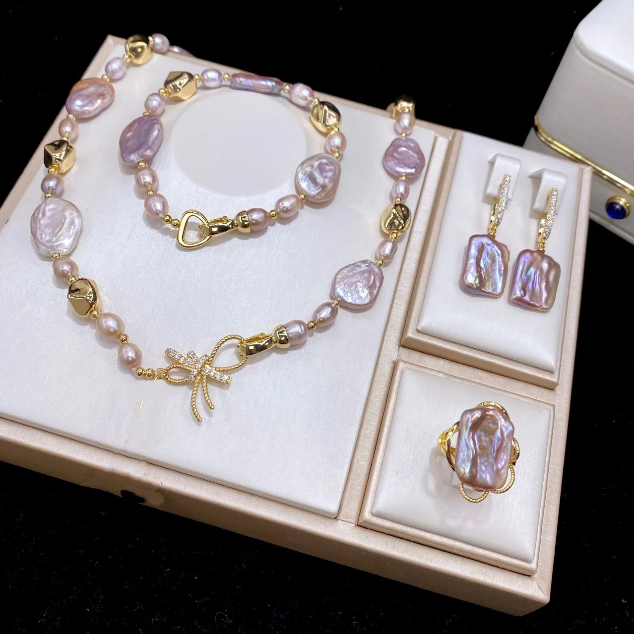 conjunto-de-perlas-de-agua-dulce-rosa-morado-rectangulo-moneda-ovalada-plana-collar-pulsera-pendiente-anillo