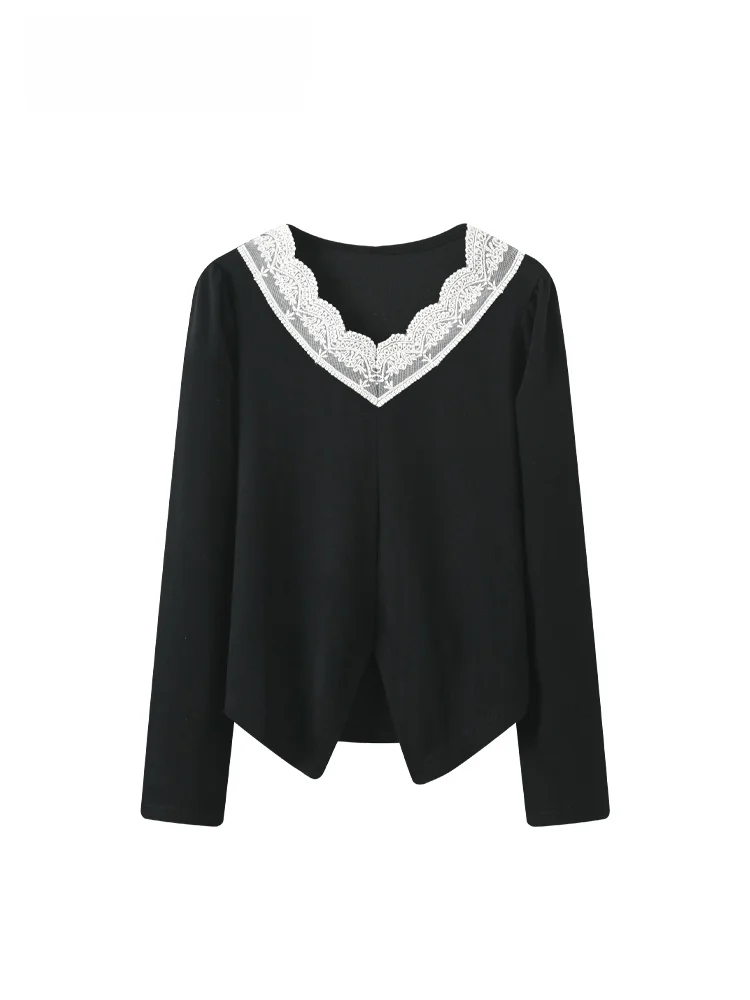 

plus Size Lace Splice Casual Faion V-Ne Long Sve T-irt Women Spring Loose Sister Cute Sle Polyester Fiber Top