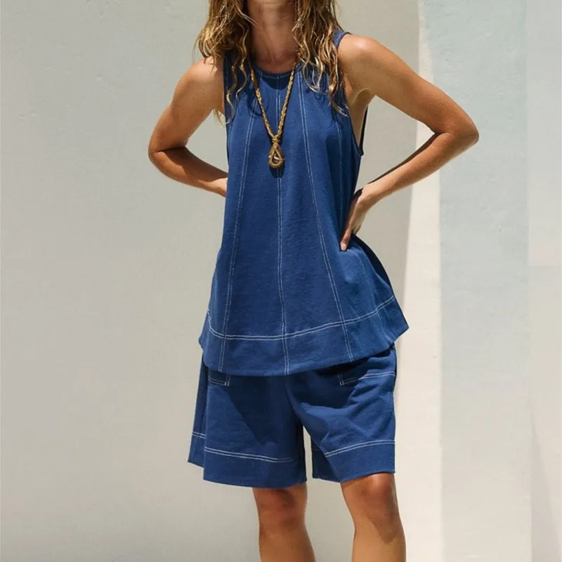 Women fashion Loose Shorts Set 2025 Summer Striped Sleeveless O-neck Vest Wide Leg Elastic Waist Short Pants 2 Pieces Jeans Suit