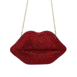 Luxury Red Lip Crystal Clutch Purse for Women Diamond Embellished Evening Bag Cute Shoulder Handbag New Design