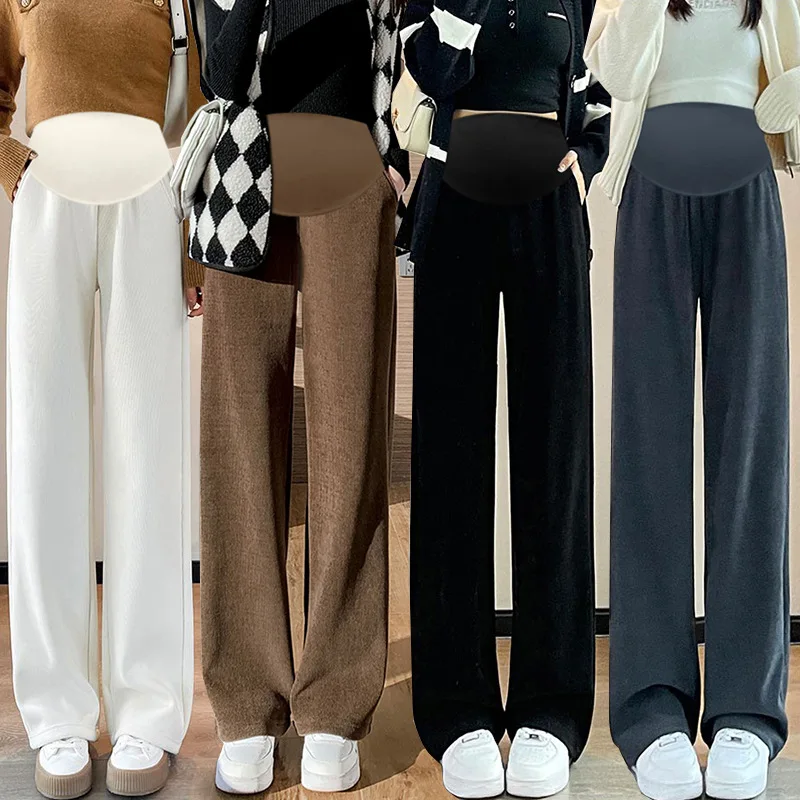 Pregnant Women Pants Knitted Wide Leg Pants Autumn Winter Plush Thickened New Straight Tube Drape Casual Maternity Clothes