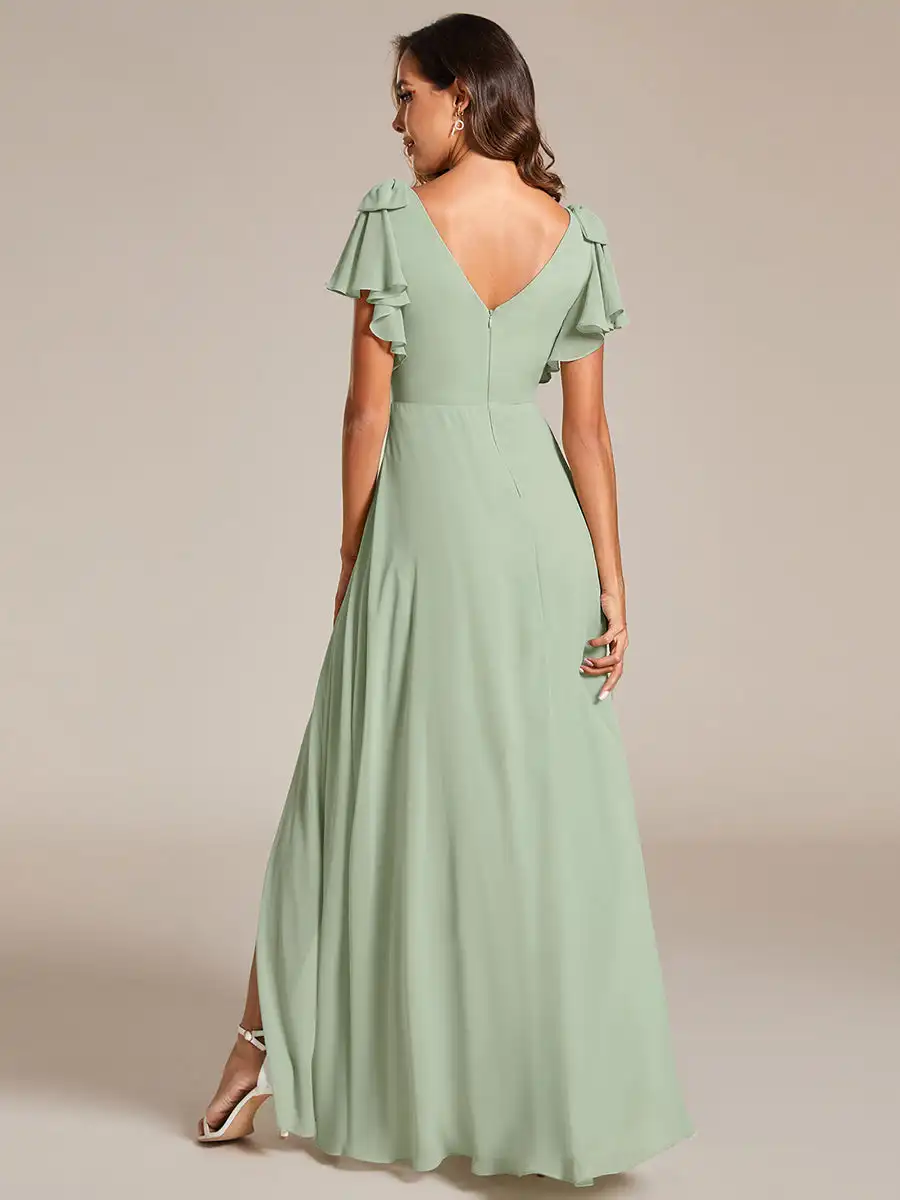 Elegant Evening Dresses Split Ruffles Sleeves with Bowknot V-neck 2025 Ever Pretty of Chiffon Mint Green Bridesmaid Dress