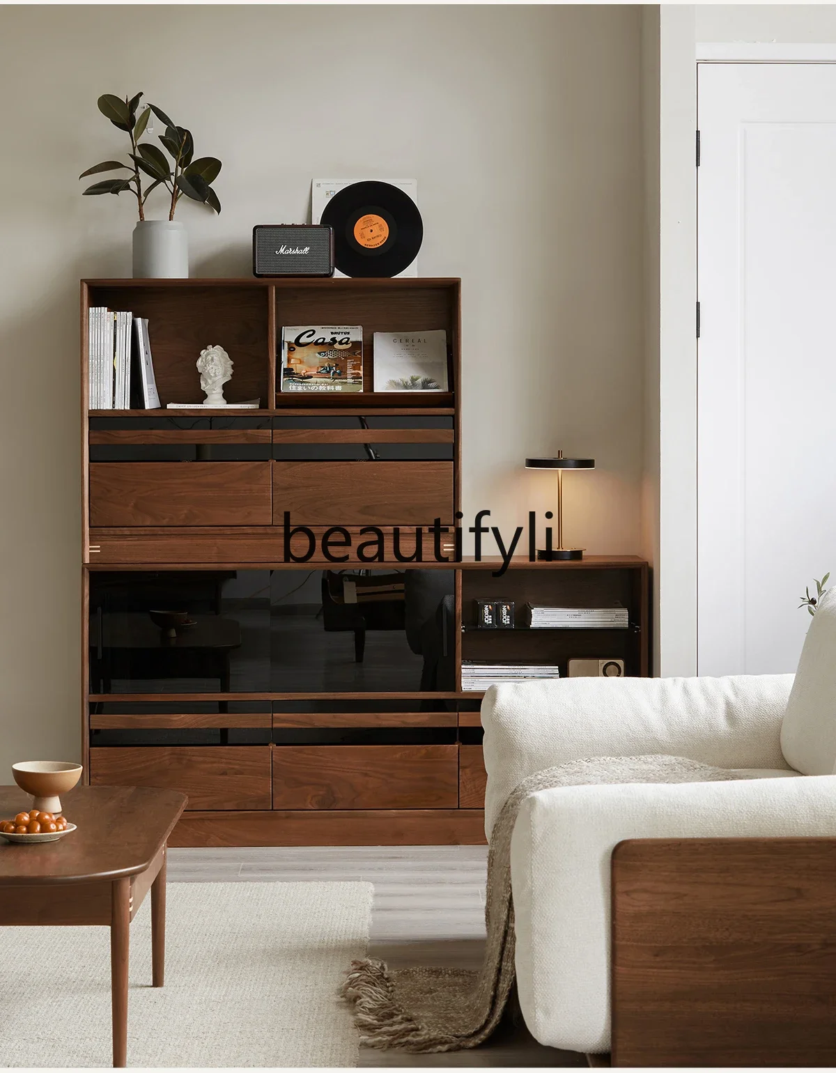 

Black walnut combined cabinet glass door living room floor module display storage storage bookcase07
