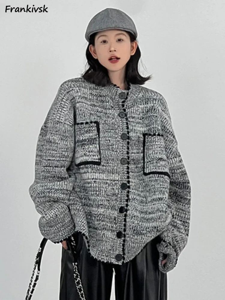 

Spliced Cardigan Women Retro Loose Sweet Aesthetic All-match Pockets Trendy Streetwear Elegant Spring Autumn Knitwear Stylish