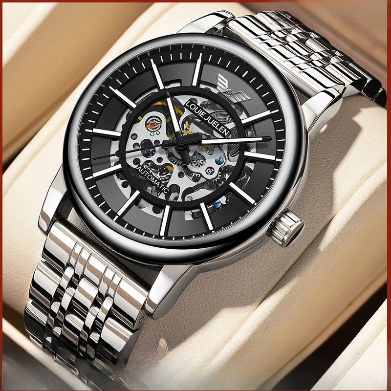 Stainless Steel New Skeleton Luminous Waterproof Self-Wind Automatic Mechanical Watch for Men