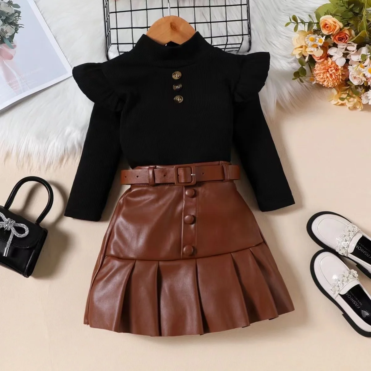 Girls\' Autumn And Winter Casual Black and White Suit PU Skirt Set Children\'s High Neck Top Pleated Skirt+belt Three Piece Set