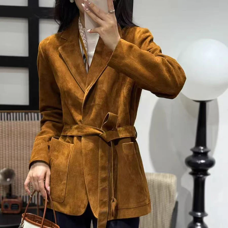 High-End Kid Suede Leather Jacket for Woman Brown Lapel Big Pocket Belt Slim Fit Suit Coat Elegant Fashion Female Outwears