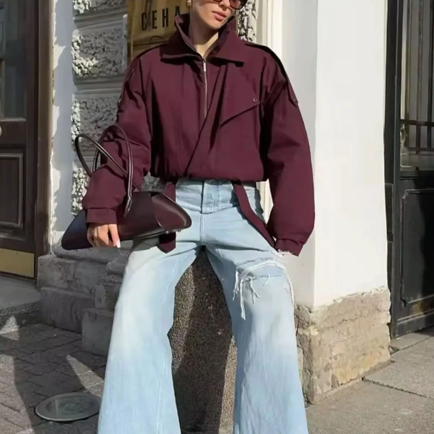 Otoño nueva llegada mujer americano Retro doble cuello largo Sve nudo suelto ort Jaet abrigo fibra de poliéster