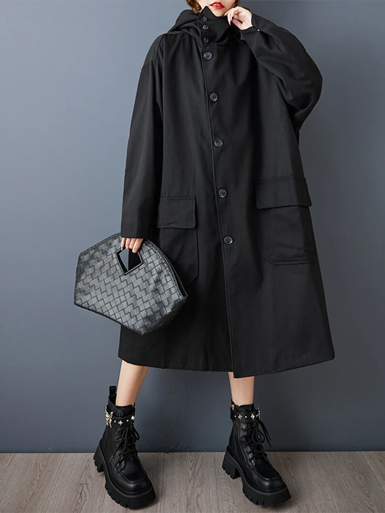 Płaszcz damski NYFS 2025, nowy jesienny, japoński, luźny, plus size, wiatrówka z kapturem, długi rękaw, długi trencz