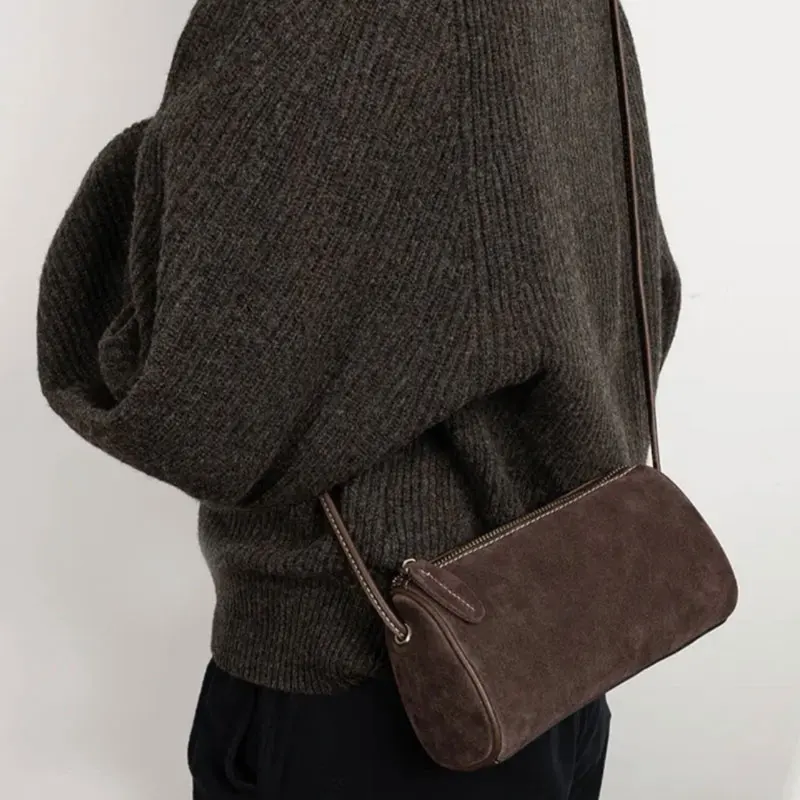 Women Cylinder Barrel Bag Pu Leather Velvet Surface Retro Round Crossbody Shoulder Bag for Autumn Winter Daily Commute Bag