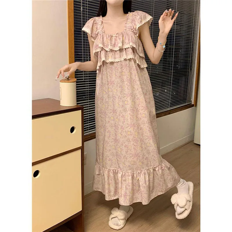 Ruffle Women Nightgown Sleepwear Lace Short Sleeve Night Dress Summer Bow Night Wears Korean Square Collar One Piece Pajamas New