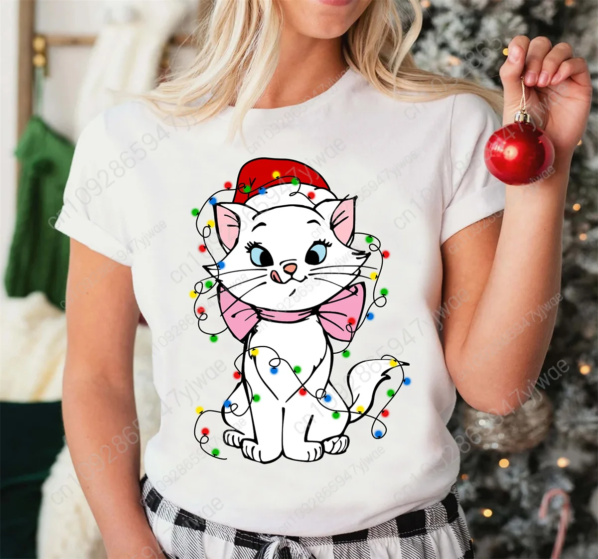 Cute Marie Cat Coquette Bow Christmas Lights Shirt the Aristocats T-shirt Very Merry Christmas Party Tee Summer Women's T-shirt