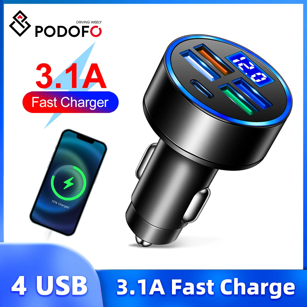 Podofo 4 Ports 15.5W USB & Type-C Car Charger Auto Charging Plug Adapter LED Digital Display 5V 3.1A Mini Portable Car Charger