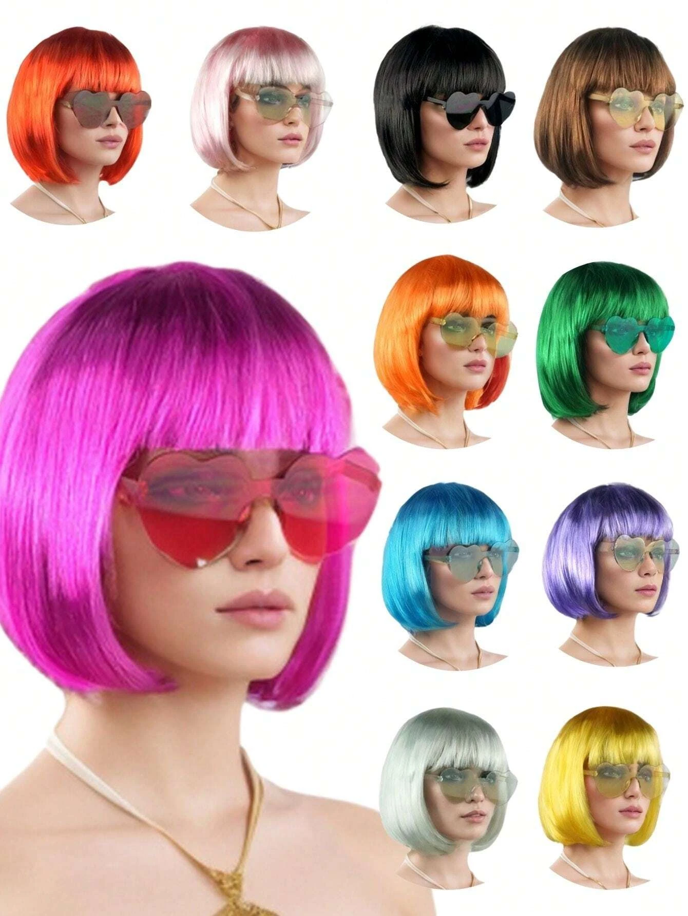 Halloween Party Prop Colorful Short Straight Bobo Wig, Funny & Novelty, With Free Frameless Heart-Shaped Sunglasses image 2