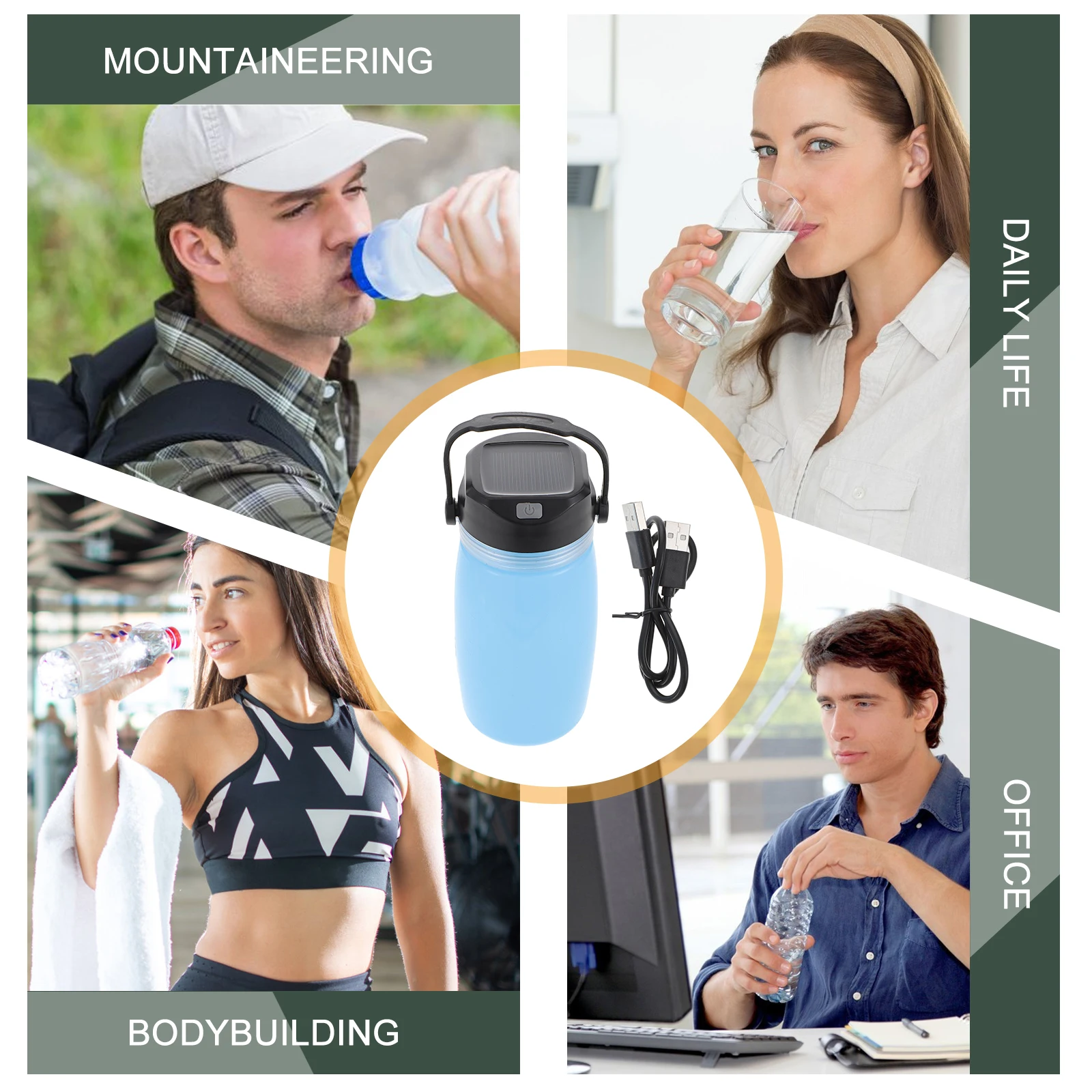 

Солнечный чайник USB, 1 шт., небесно-голубой, портативный, для кемпинга, с подсветкой, компактный, для путешествий и походов