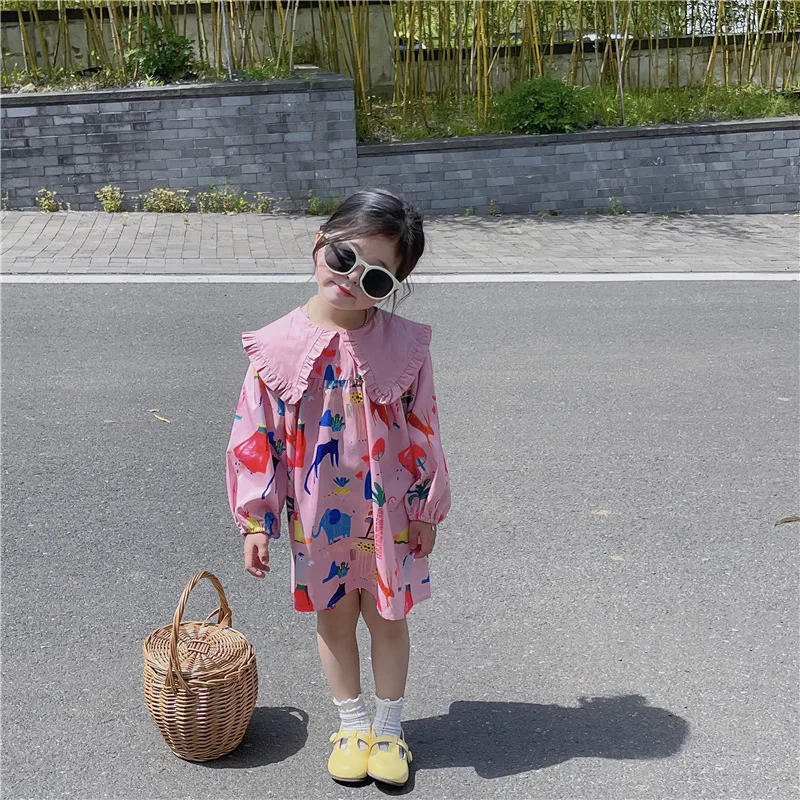 2024 Spring New Korean Children\'s Wear Girl\'s Fragmented Flower Flip Collar Long sleeved Lantern Sleeves Princess Dress