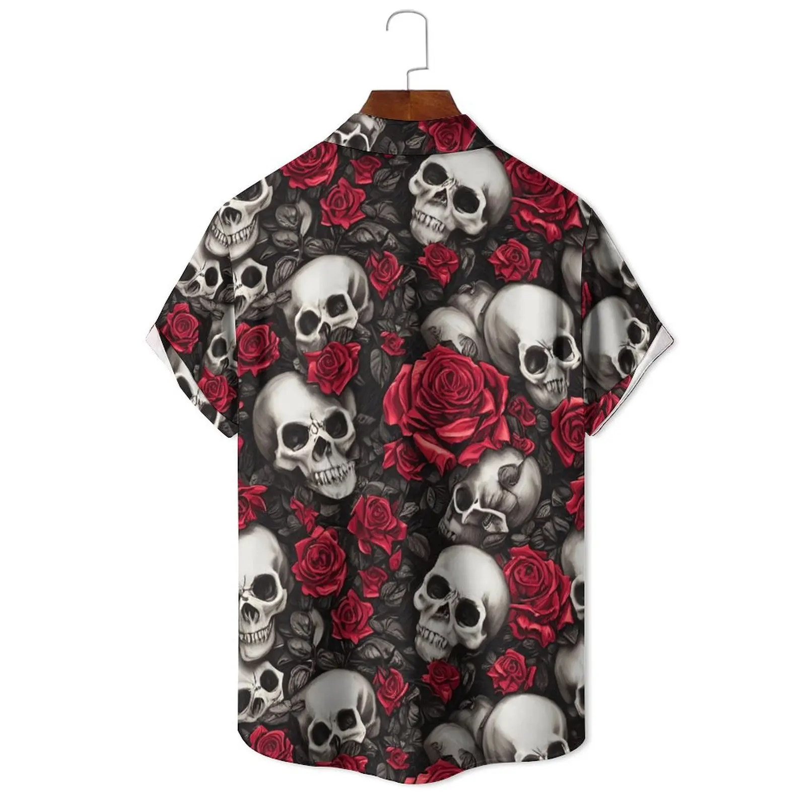 Summer Men's Fashion Lapel Single Breasted Loose Casual Breathable Irregular Subculture Skull Printed Short-Sleeved Shirt