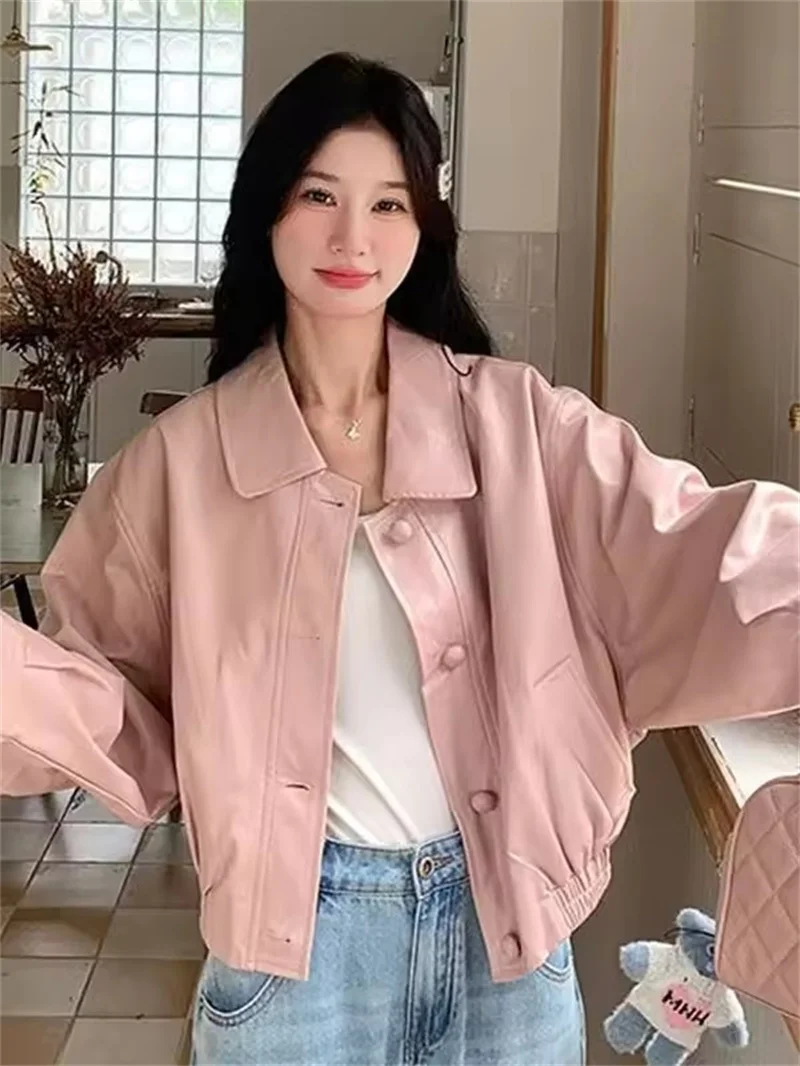 한국 긴팔 핑크 가죽 재킷 여성 2025 봄 가을 레트로 캐주얼 라펠 통근 기본 코트 여성 오토바이 재킷