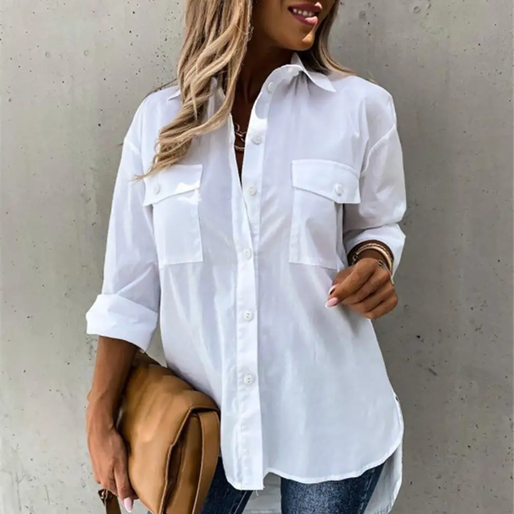 Fashion Women Shirts White Lady Long Sleeve Shirt Two Pockets Casual Turn-down Collar Blouses Loose Office Shirt blusas mujer