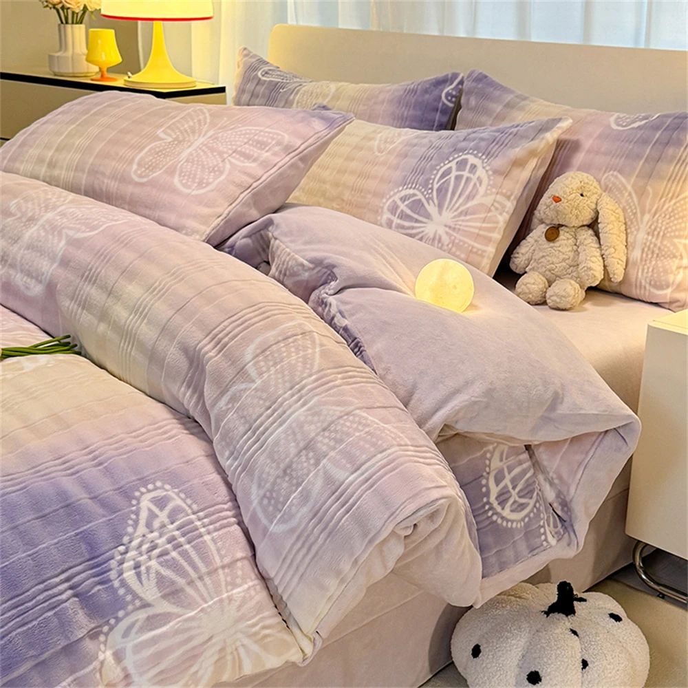 Gradient Color 3D Plaid Plush Bedding Set Thickened Milk Velvet Bedroom Four Piece Set Winter Flannel Bed Sheet Duvet Cover Sets