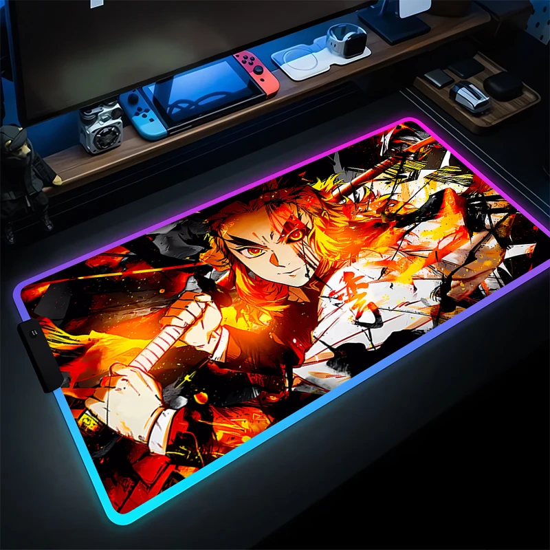 RGB Mouse Pad PC Demon Slayer Rengoku Kyoujurou Tappetino da scrivania Gamer LED Ufficio Laptop Anime Tastiera Pad Accessori da gioco Mousepad