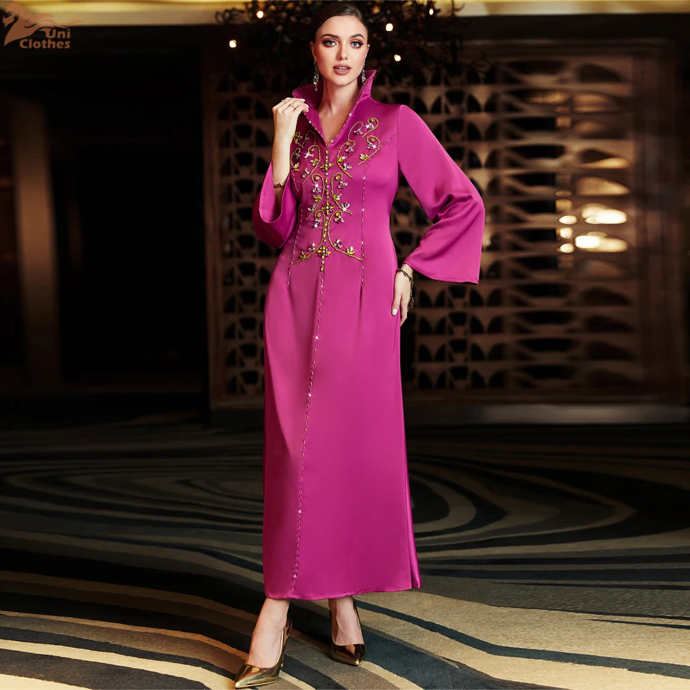 

Luxury Rose Red Muslim Abaya Dress Rhinestone Embroidered Flared Sleeves Ramadan Evening Gown for Dubai Women