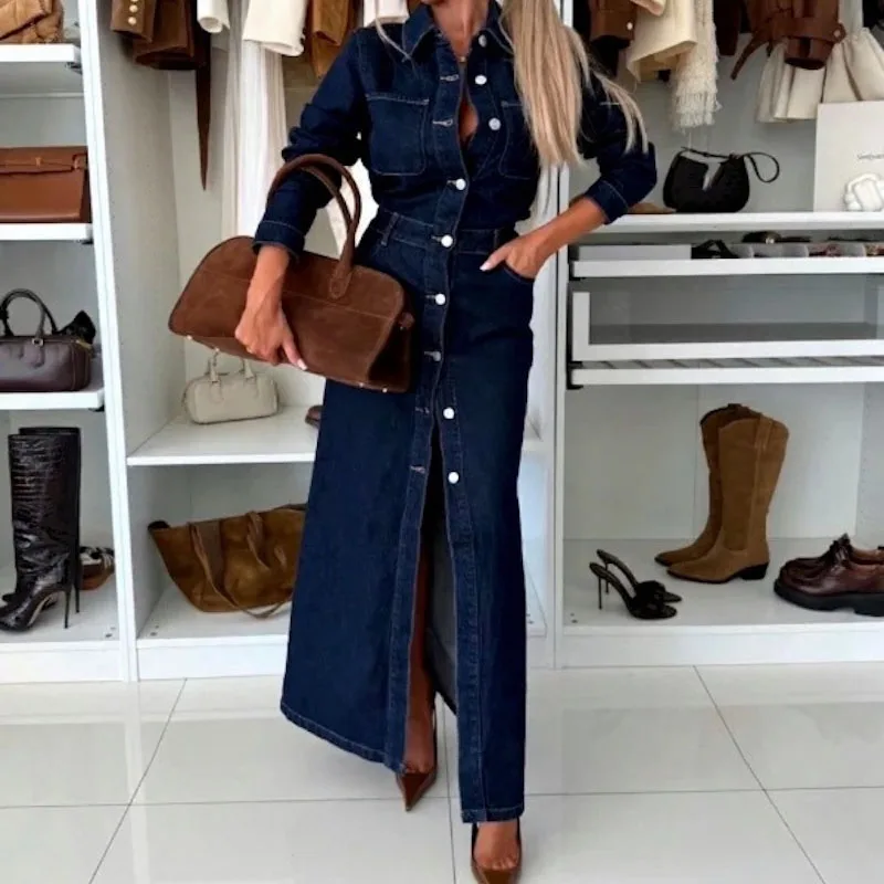 Elegantes, einreihiges, schmales, langes Kleid mit Taschen, lässig, langärmelig, geteilte Partykleider, modisches Hemdkleid mit Umlegekragen und festem Hemdkleid