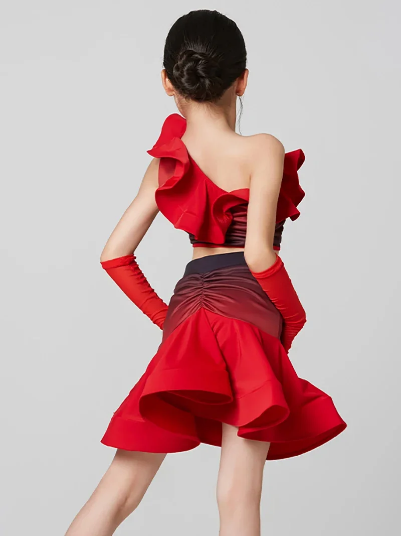 Kids Girls Latin Dance Ruffles Top Large Skirt Hem Gradient Red Ballroom Rumba Dancewear Training Chacha Performance Costumes