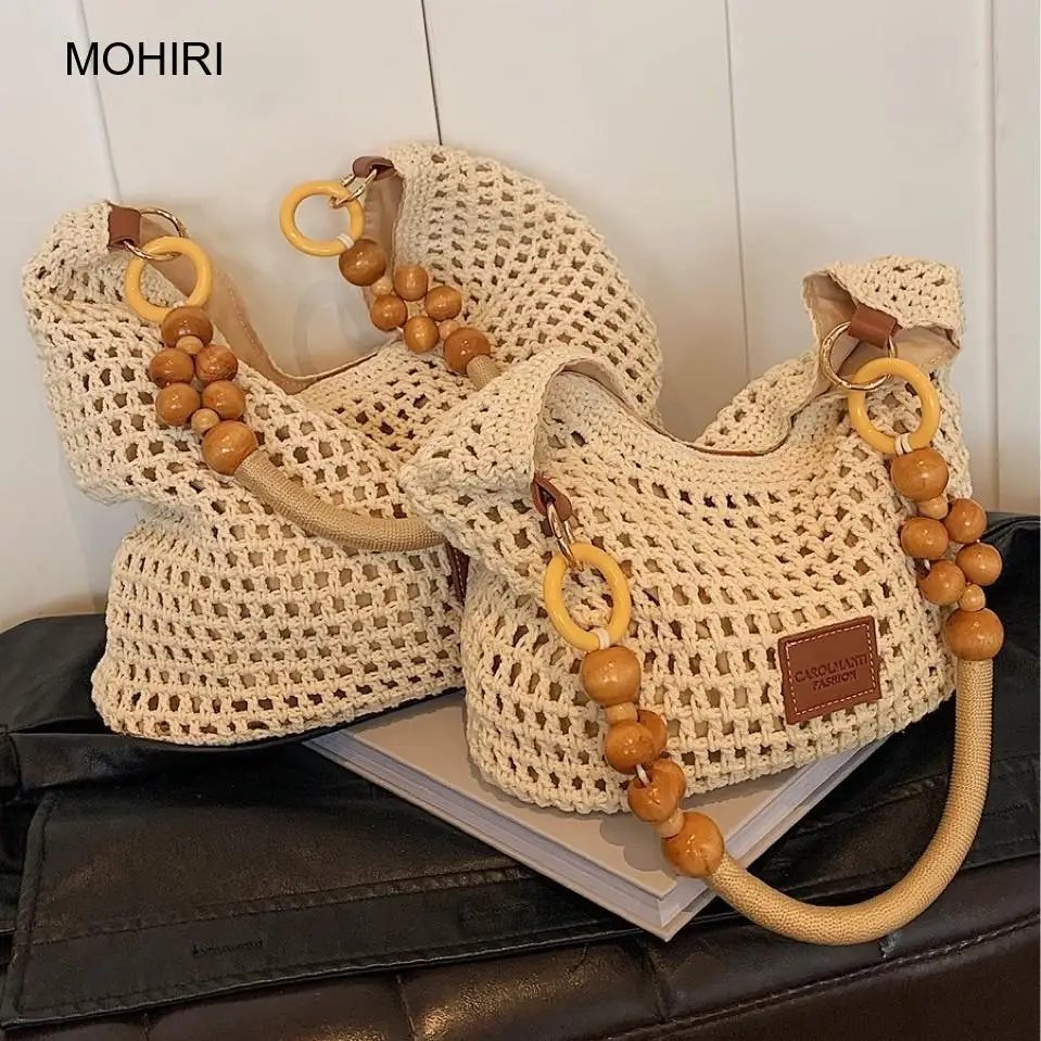 Hollow Out Straw Underarm Bag Knitted Shoulder Purse with Wooden Beads for Summer and Vacation