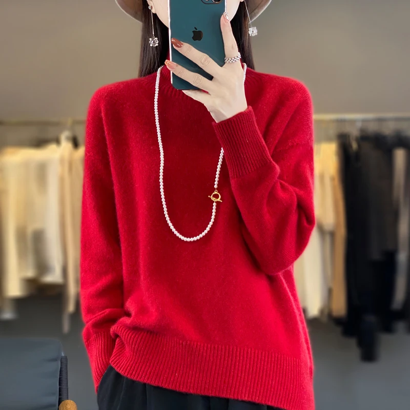 24 autumn and winter new women\'s 100% cashmere wool semi-turtle neck women\'s sweater soft and comfortable blouse loose pullover