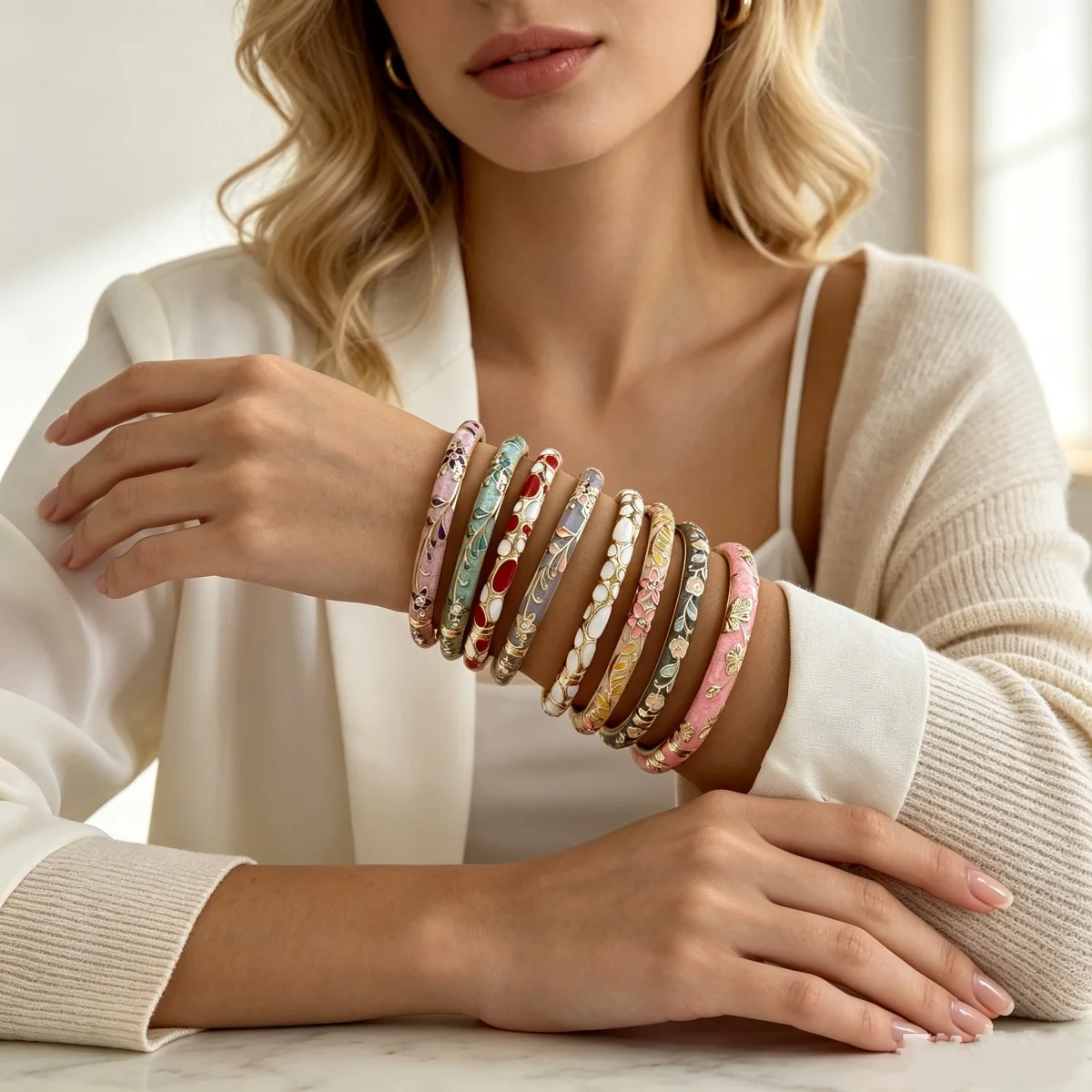 Mehrfarbige, mit tropfendem Öl bedruckte Blumen-Manschettenarmbänder für Damen und Herren, Vintage Boho Blatt Unregelmäßige Ovale Geometrische Armreifen Schmuck – Detail 13