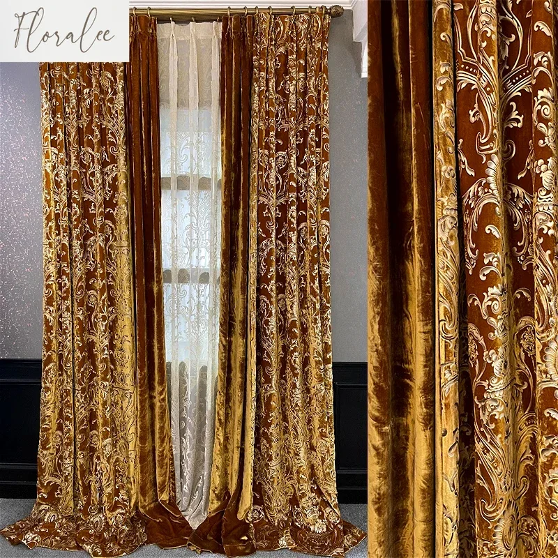 

New High-end Velvet Bronzing Luxury Curtains for Villa Living Room Bedroom Golden European Style Customizable Curtain Decoration