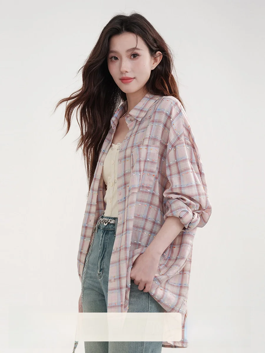 

Pink Plaid Loose Long Sve Women's irt Jaet Spring Summer Sun Protection Korean Sle Breathable Comfortable Casual Top