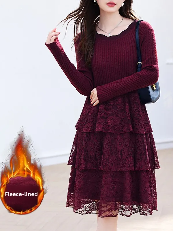 冬の新作プラスサイズニットレーススプライシングスリムケーキドレス女性用ハイウエストカジュアルスリーブ丸首ドレス