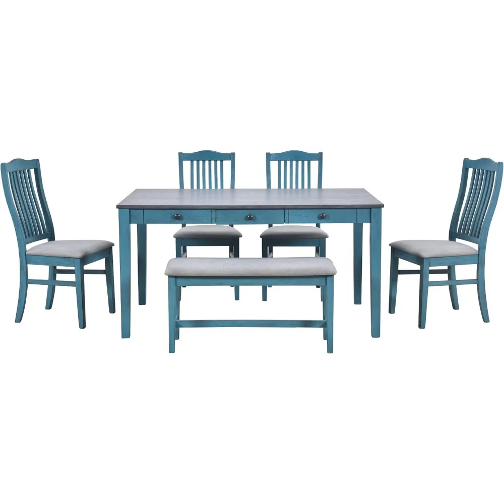 

6 Piece Dining Table Set for 6, Farmhouse Kitchen Table Set with 4 Upholstered Chairs, Bench and Storage Drawers, Antique Blue