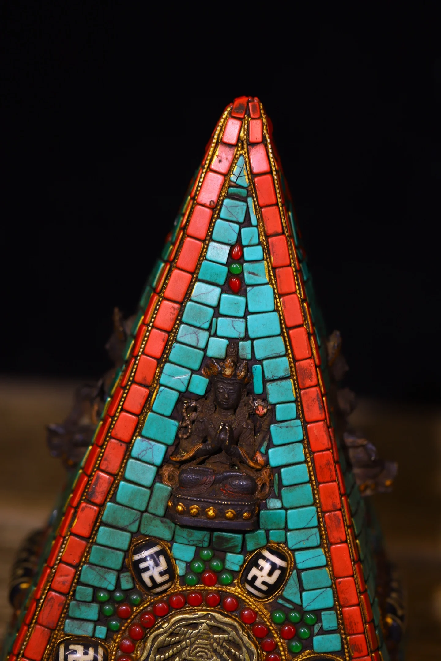 8"Tibetan Temple Collection Old Natural Meteorite Gem gZi Beads Turquoise Four armed Guanyin Buddha Pagoda Amulet Worship Hall