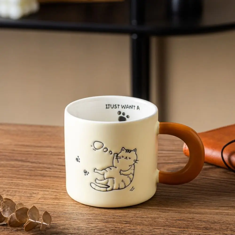 

Hand Drawn Cat Vintage Mug Cute Cat Pattern with Handle Water Cup with Lid Anti-scald with Spoon Cartoon Cat Drinkware Office